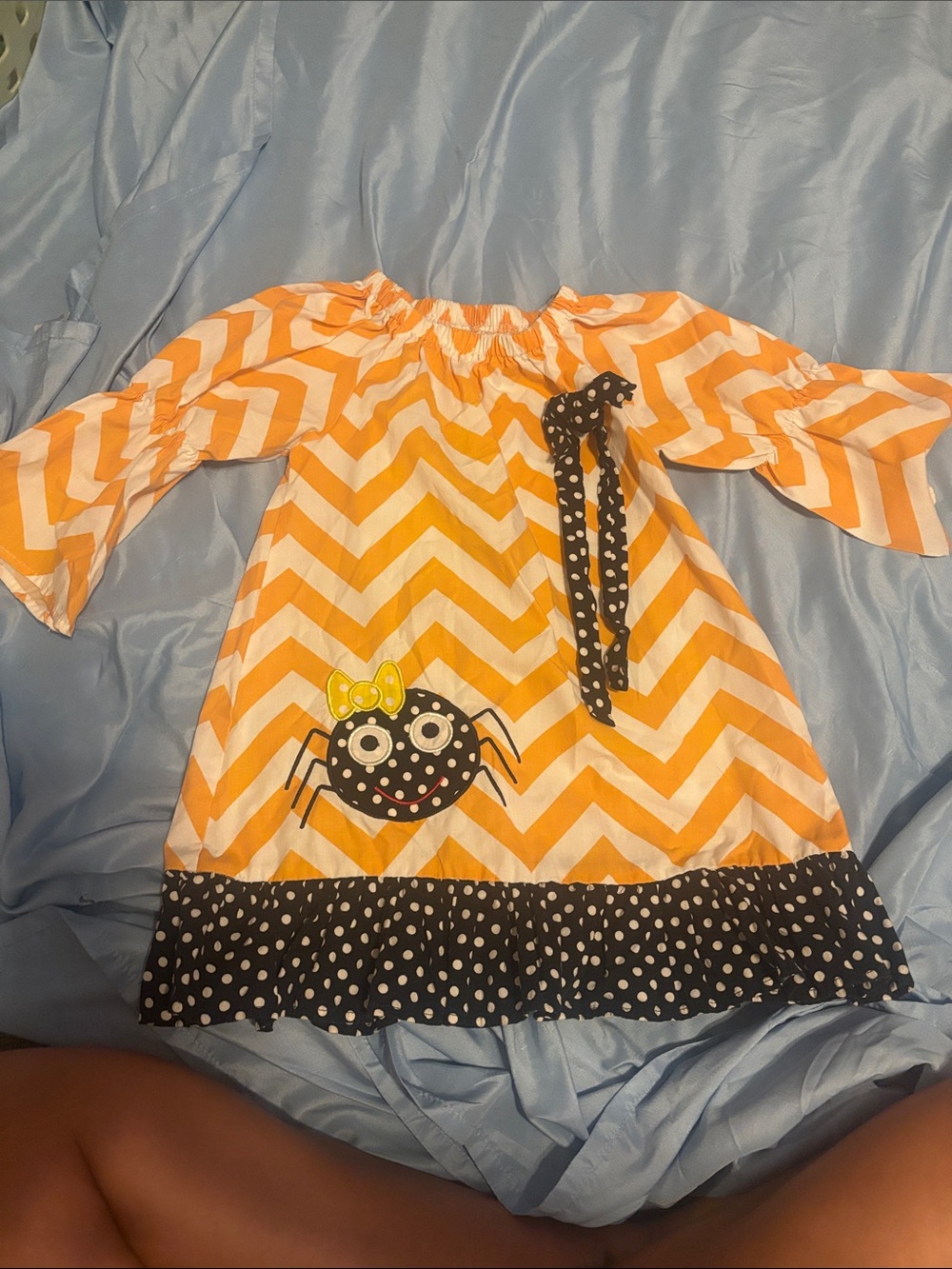 Girls Orange Chevron Spider Dress with Polka Dot Trim